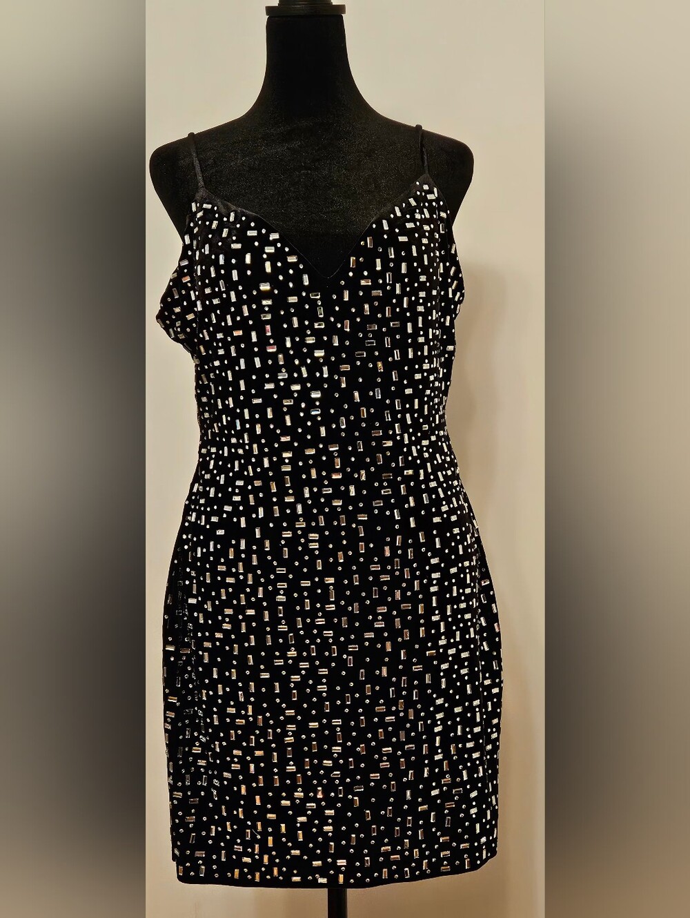 Black Mini Slip Dress With Embossed Cut Mirror Glass